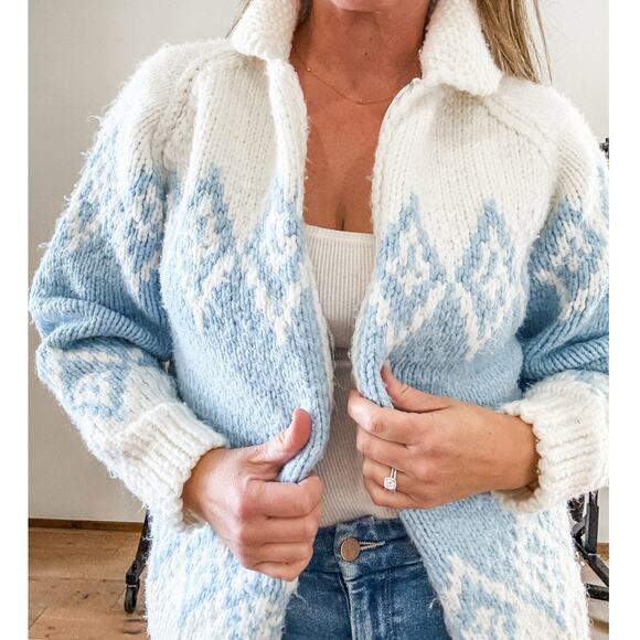 VTG 70s Cowichan Knitted Sweater Cardigan Snow White BlueWestern Cowboy Large - Picture 3 of 10